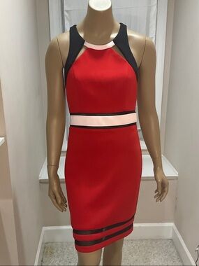 Alluring Guess Red, White, & Black Halter Dress with Cutouts and Mesh Accents